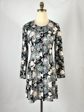 Vtg 90s Carolina Colours Gray Black Rose Floral Skater Dress Button Front Grunge